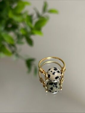 Gold Wire-Wrapped Dalmatian Jasper Ring - Cream and Black